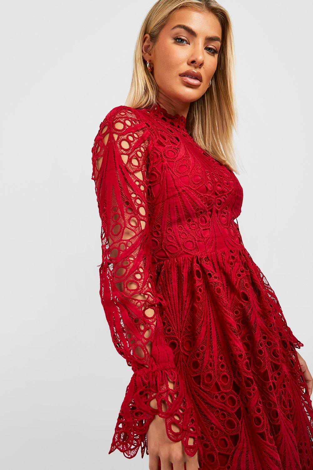 Rent Boohoo Blush High Neck Flared Sleeve Lace Skater Dress