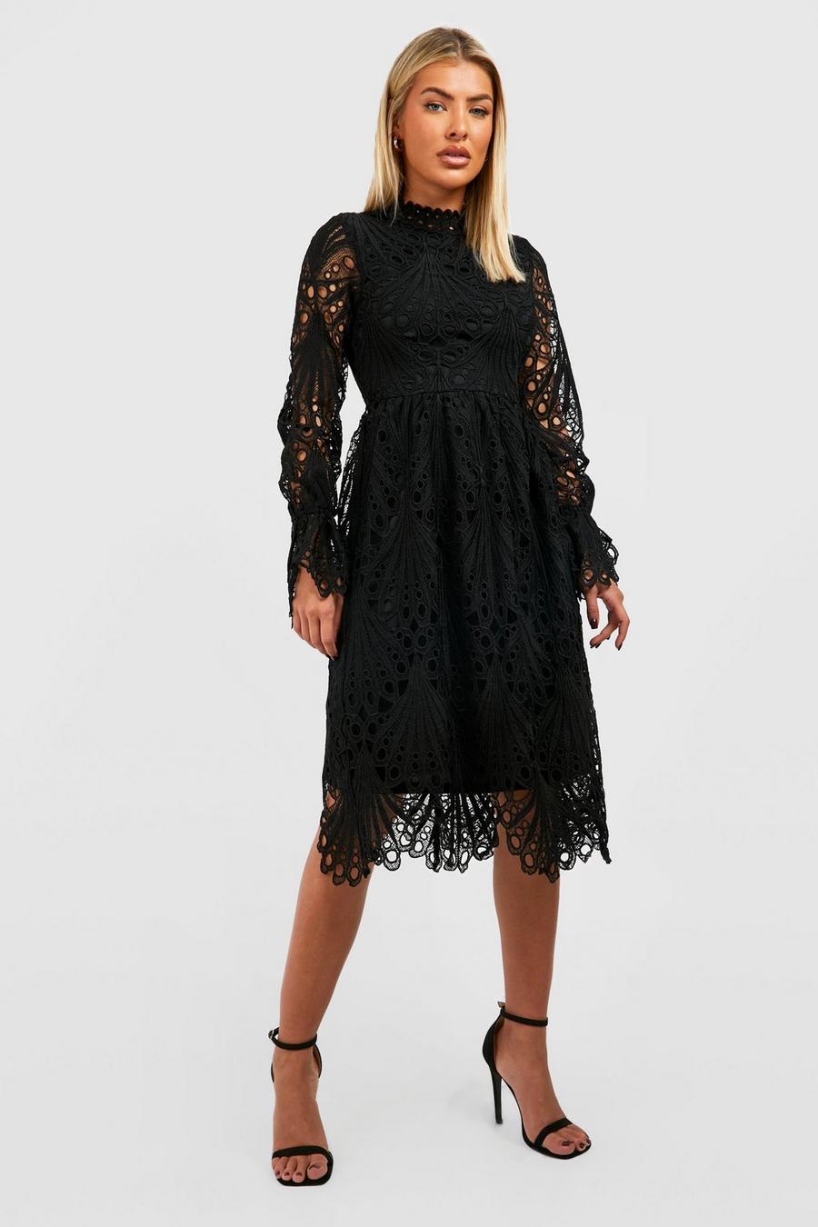 Black Premium Lace High Neck Midi Skater Dress image number 1