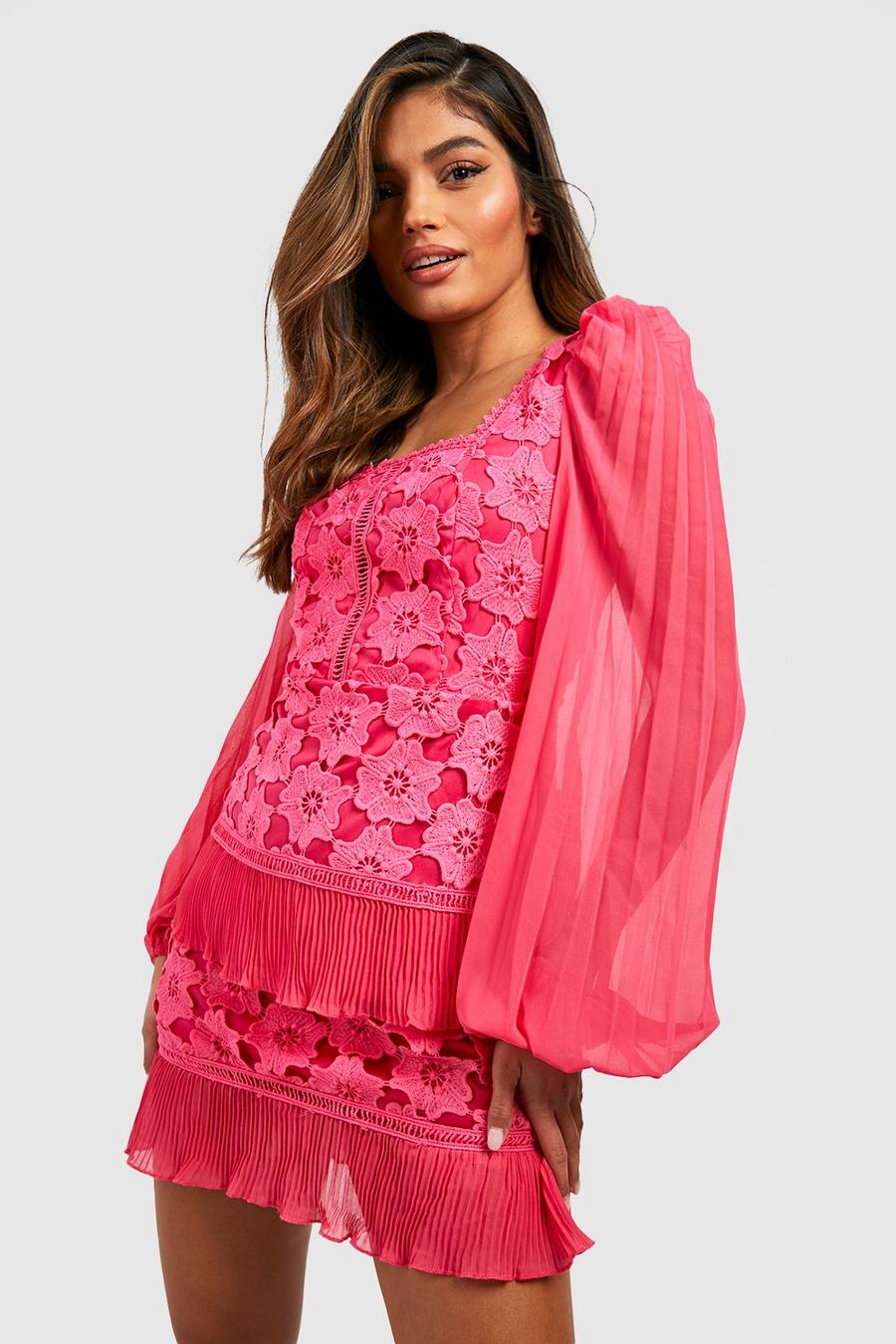Hot pink Lace Pleated Frill Long Sleeve Mini Dress image number 1