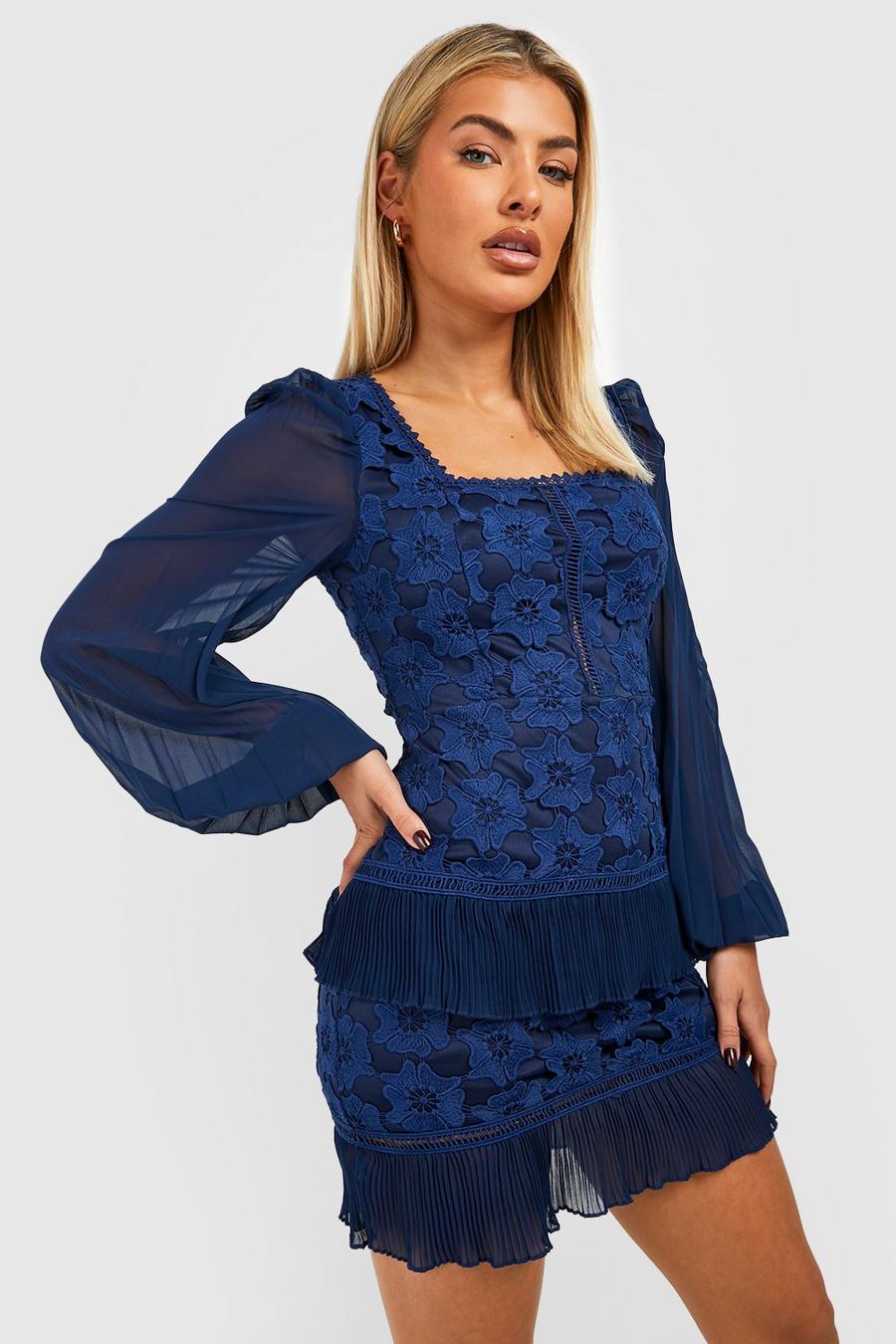 Navy blu oltremare Lace Pleated Frill Long Sleeve Mini Dress