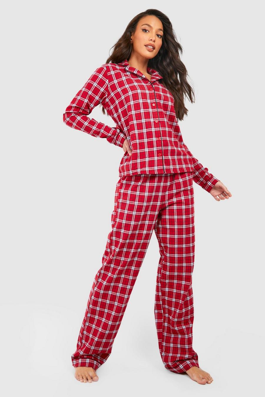 Red Tall Flannel Check Print Christmas Pyjamas Trouser Set image number 1
