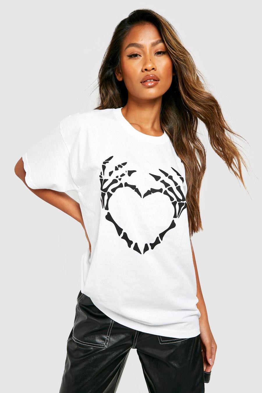 White Skeleton Heart Halloween Printed Oversized T-shirt
