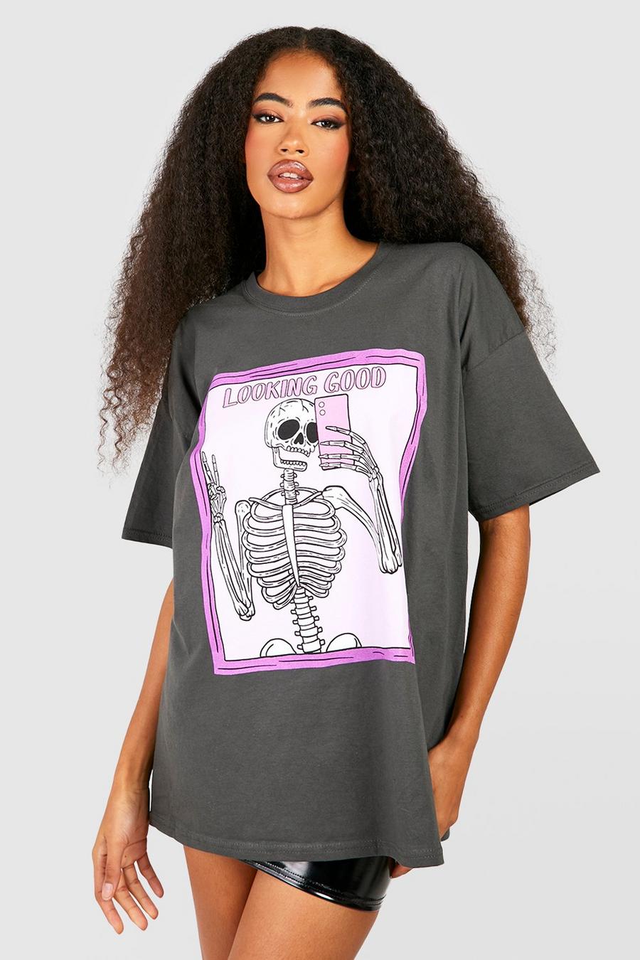 Charcoal Skeleton Looking Good Halloween Printed Oversized T-shirt image number 1