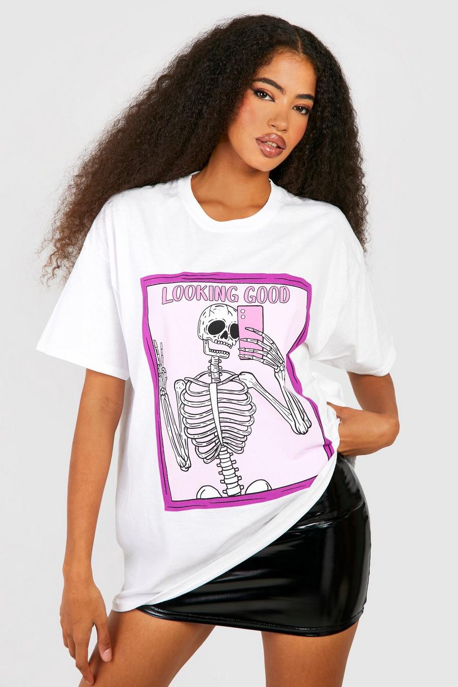 White Skeleton Looking Good Halloween Printed Oversized T-shirt image number 1
