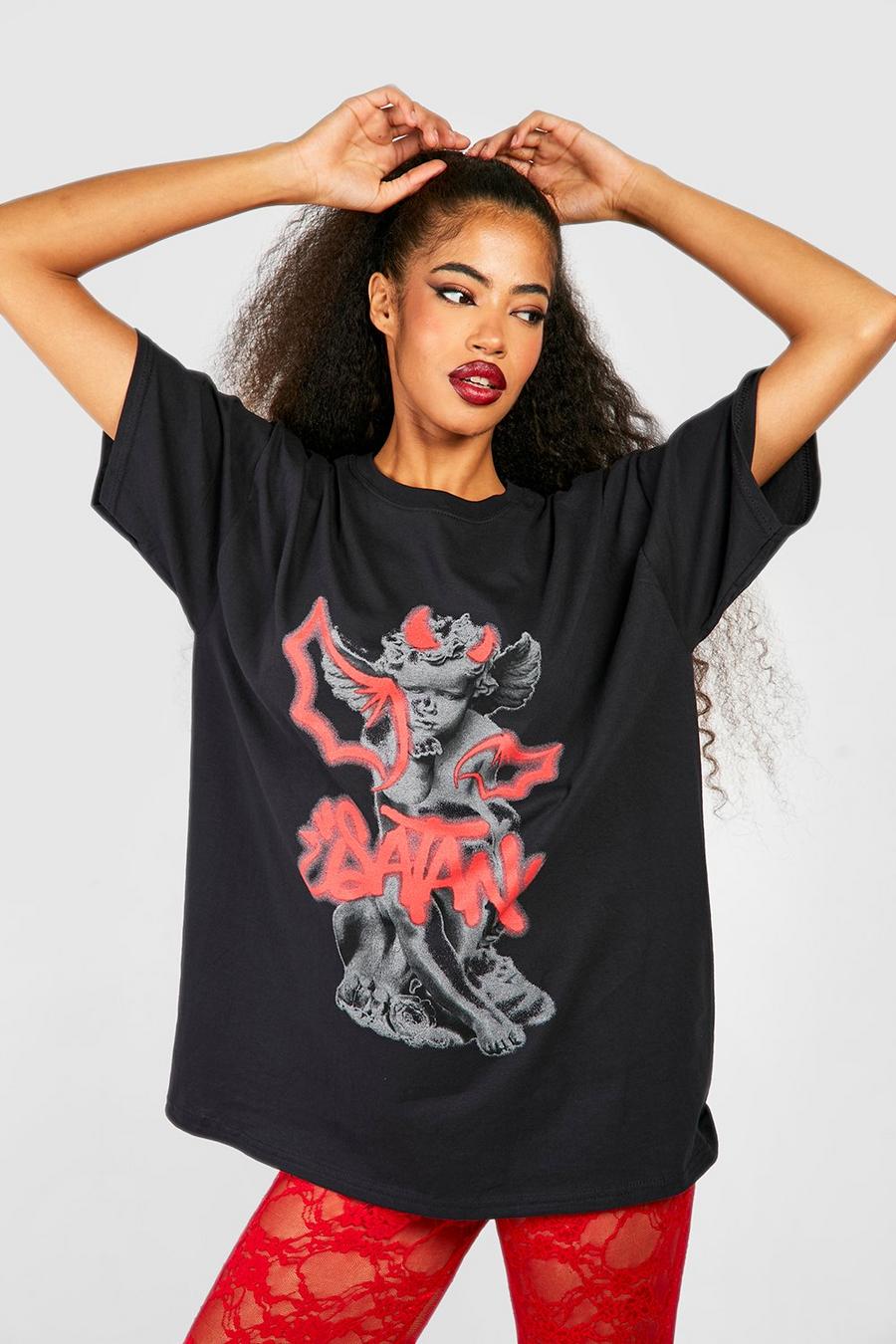 Black Satan Graffiti Halloween Printed Oversized T-shirt image number 1