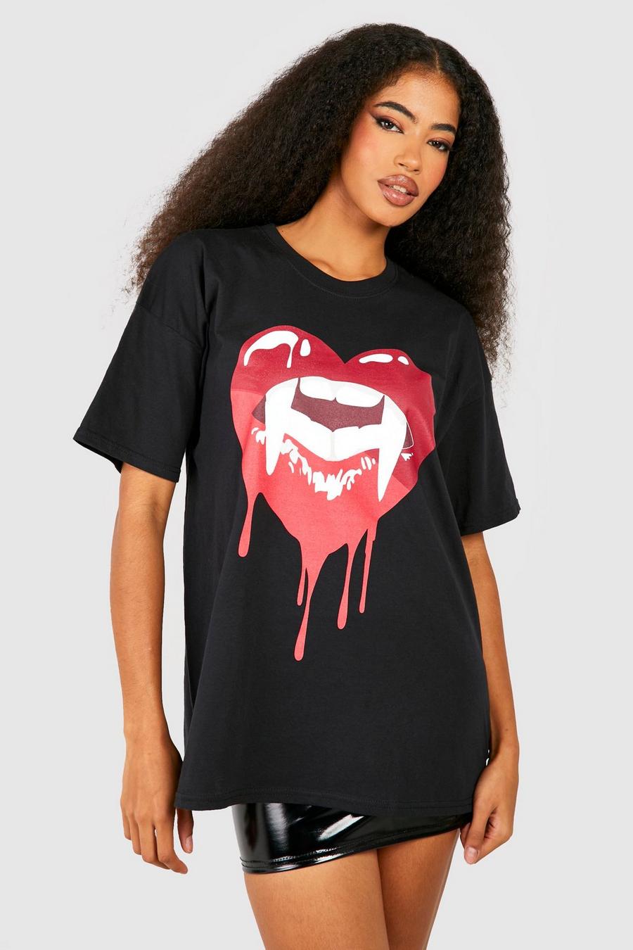 Oversize T-Shirt mit Vampir-Lippen-Halloween-Print, Black image number 1