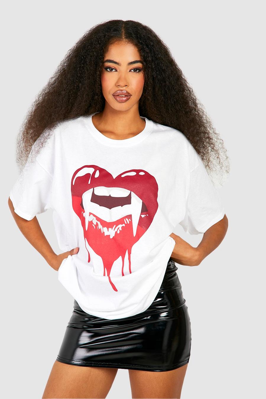 Oversize T-Shirt mit Vampir-Lippen-Halloween-Print, White image number 1