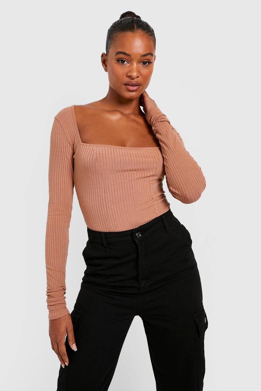 Taupe Tall Knitted Rib Corset Style Long Sleeve Top image number 1