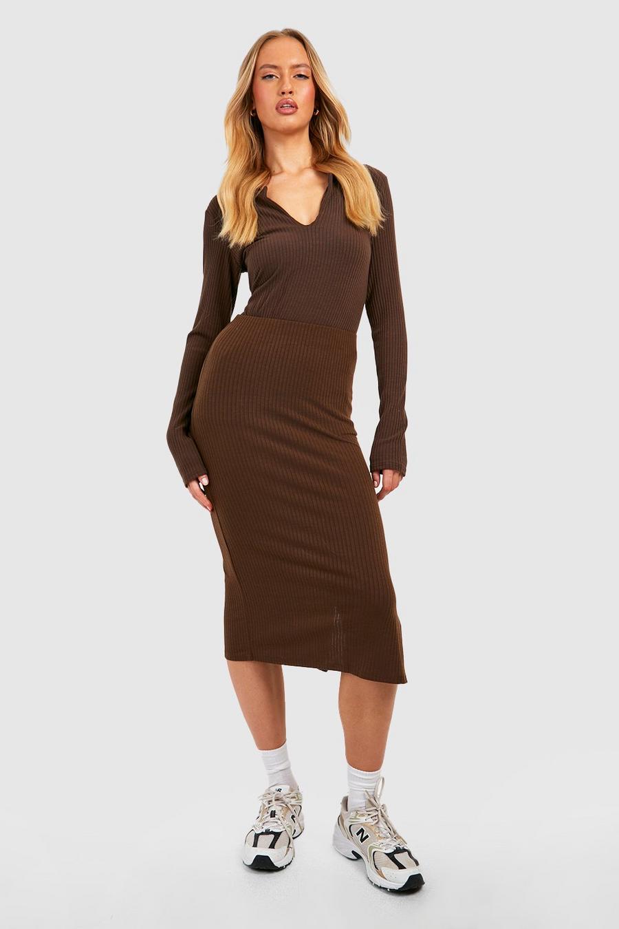 Chocolate brown Tall Knitted Rib Split Front Mix And Match Midi Skirt image number 1