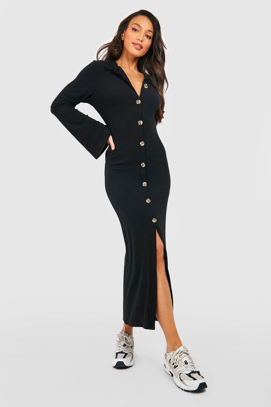 Black Tall Stickad lång klänning med utsvängd ärm och knappar image number 1