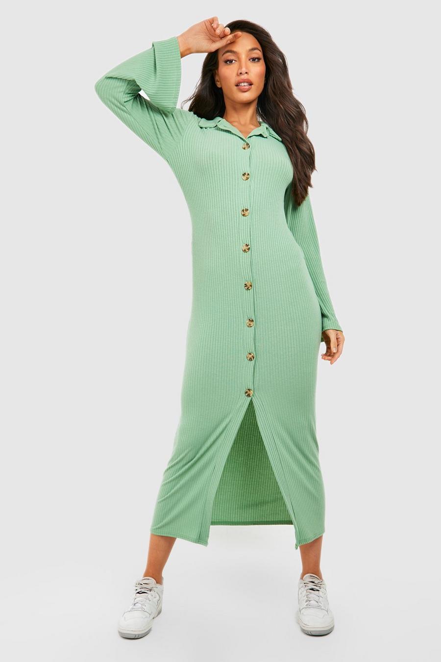 Green grön Tall Knitted Rib Flare Sleeve Button Down Midaxi Dress