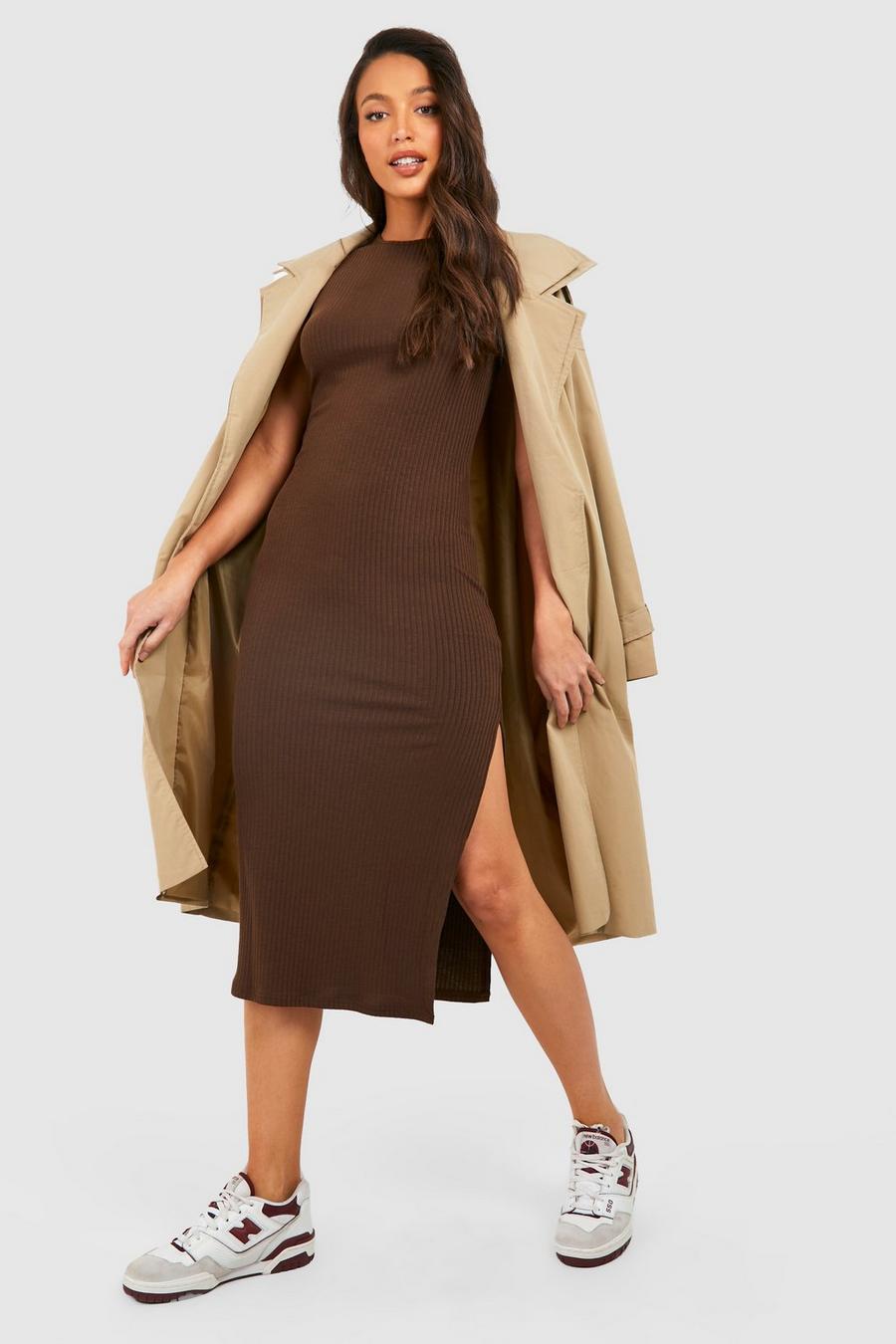 Chocolate Tall Knitted Rib Split Front Sleeveless Midi Dress image number 1