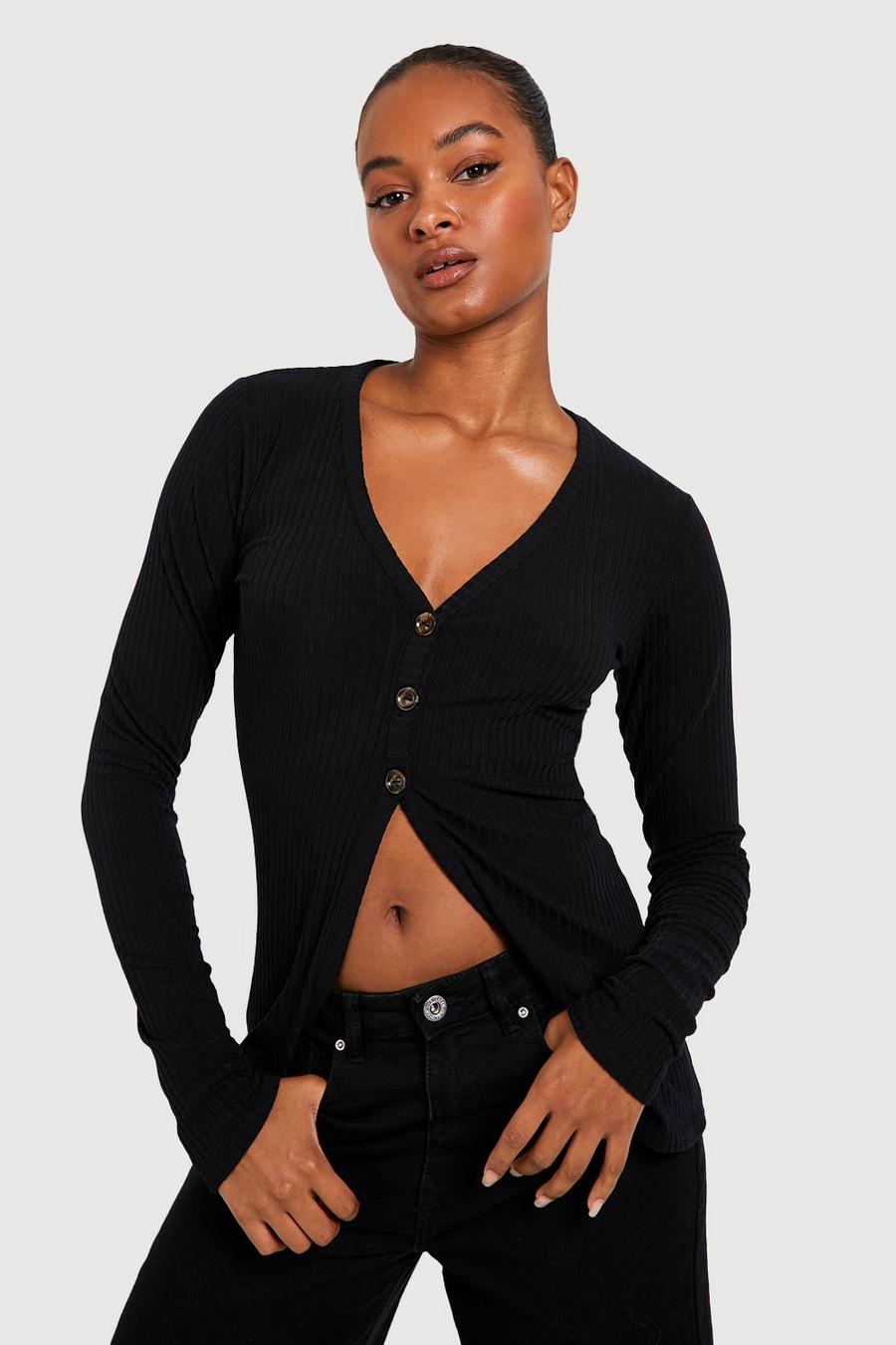 Black Tall Knitted Rib Button Front Long Sleeve Top image number 1
