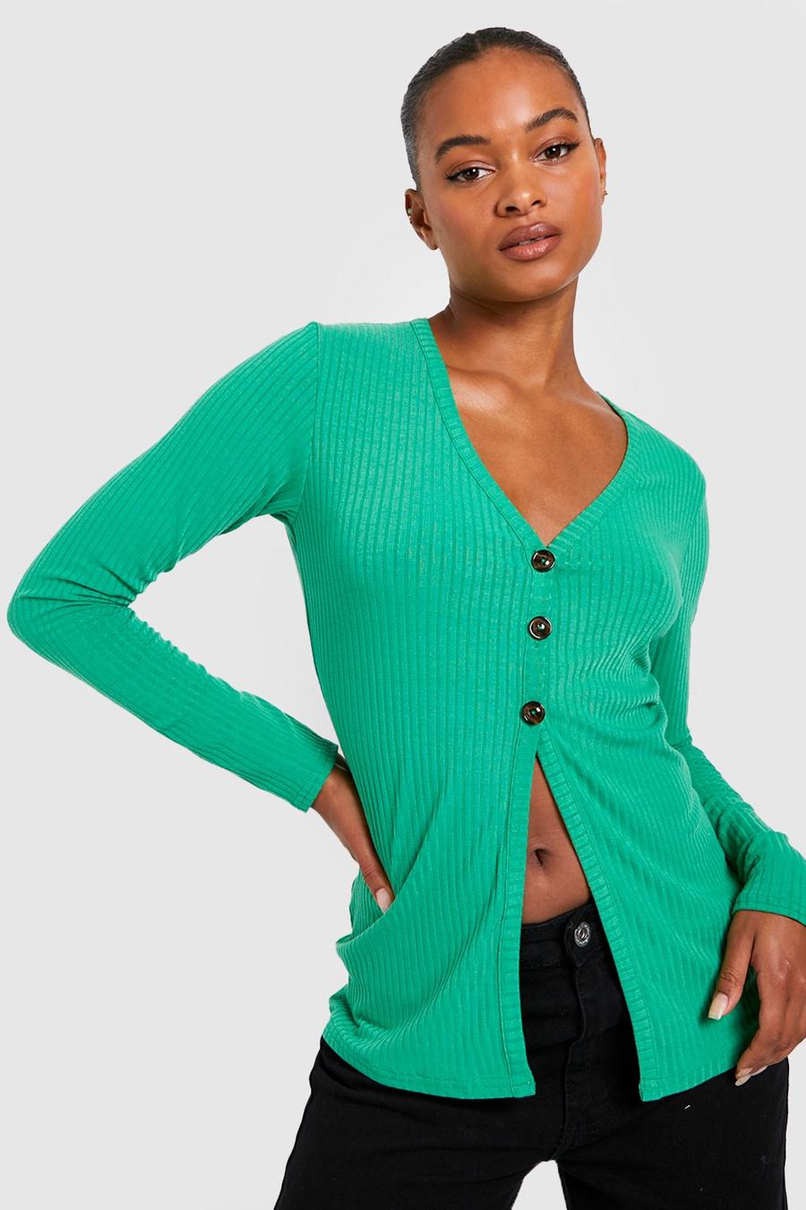 Green Tall Knitted Rib Button Front Long Sleeve Top image number 1