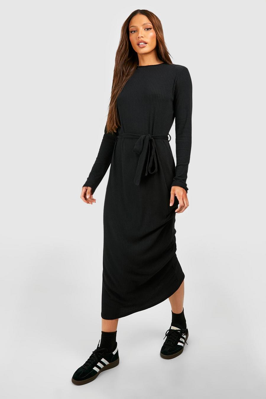 שחור שמלת מידי רכה עם שרוולים ארוכים, חגורה וצווארון עגול, לנשים גבוהות image number 1