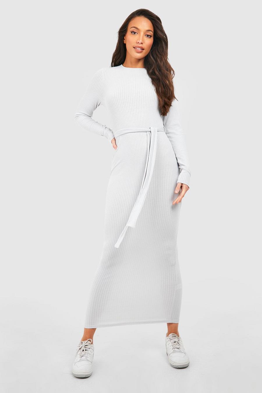 Silver grey Tall Crew Neck Soft Belted Longsleeve Midi Dress image number 1