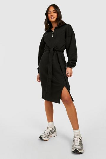 Black Half Zip Midi Belted Sweatshirt Dress