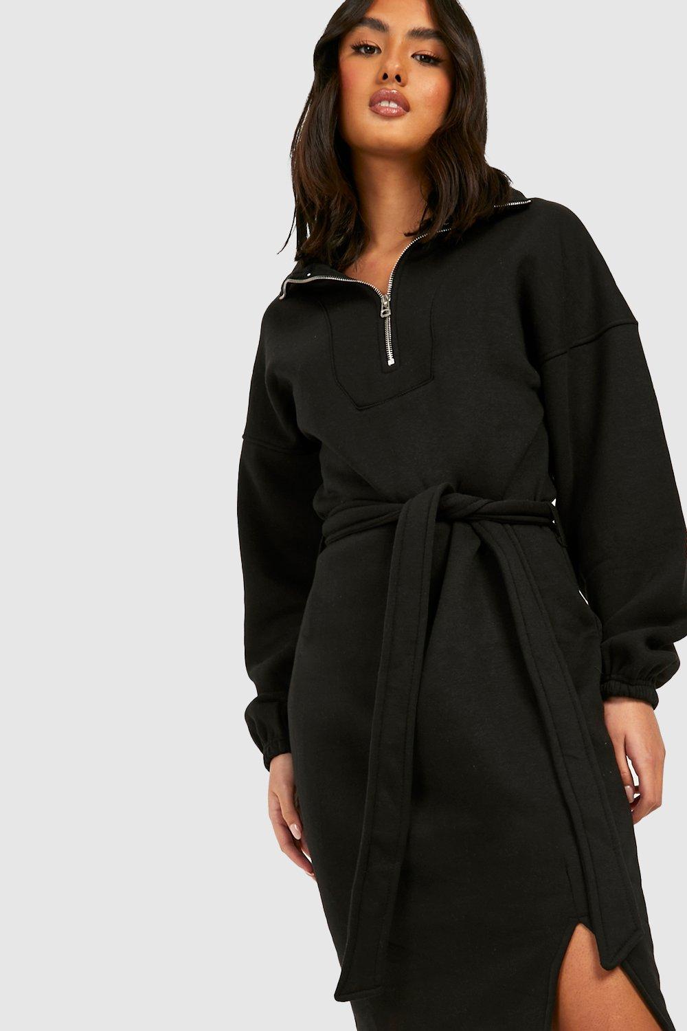 Half Zip Midi Belted Sweatshirt Dress | boohoo