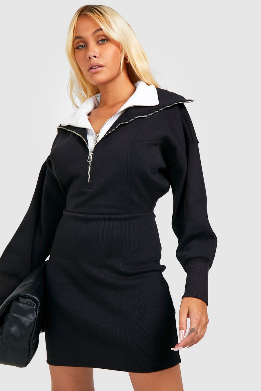 Black svart Double Layer Half Zip Sweatshirt Dress