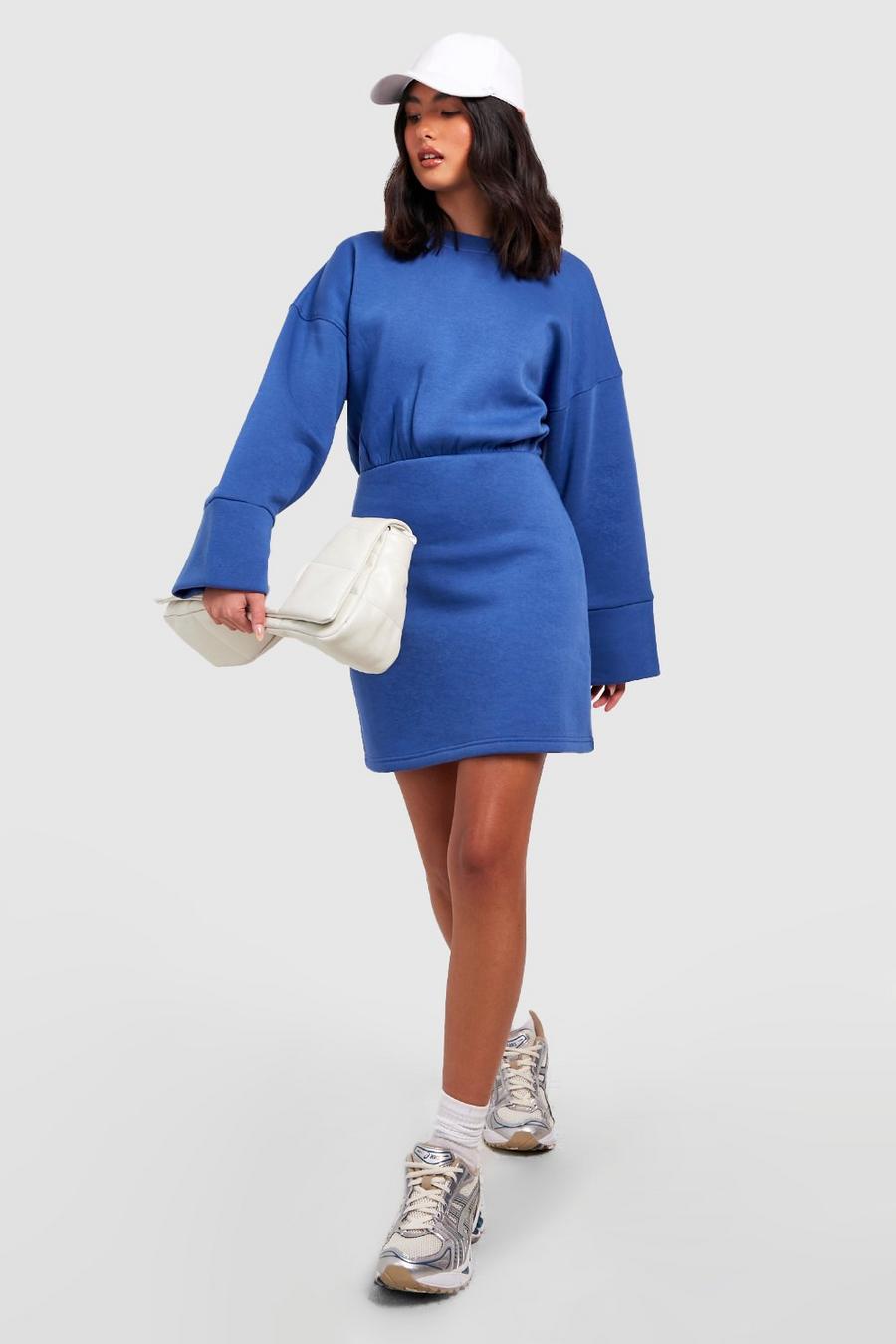 Blue Dropped Shoulder Mini Sweatshirt Dress