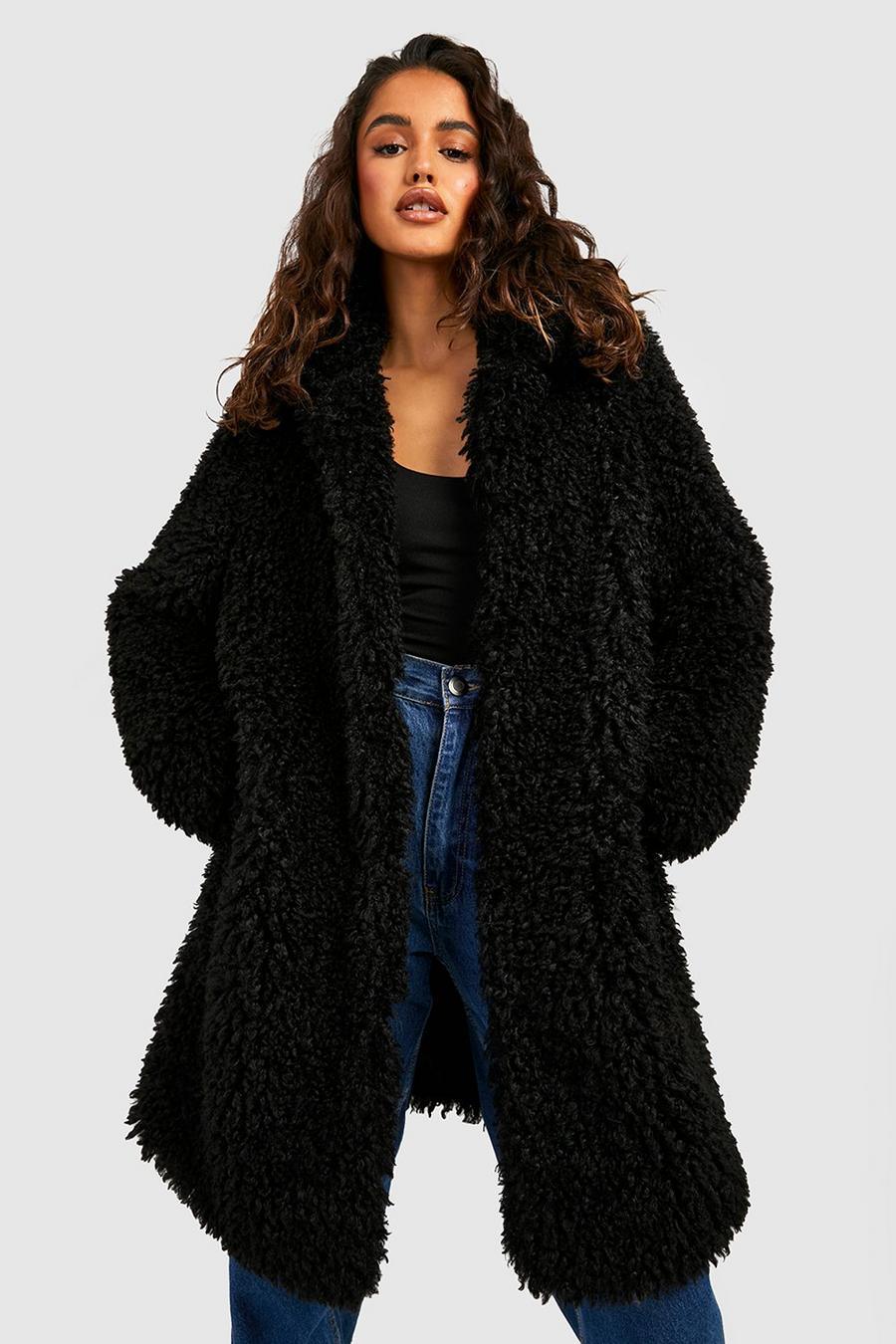 Black Shaggy Faux Fur Coat image number 1