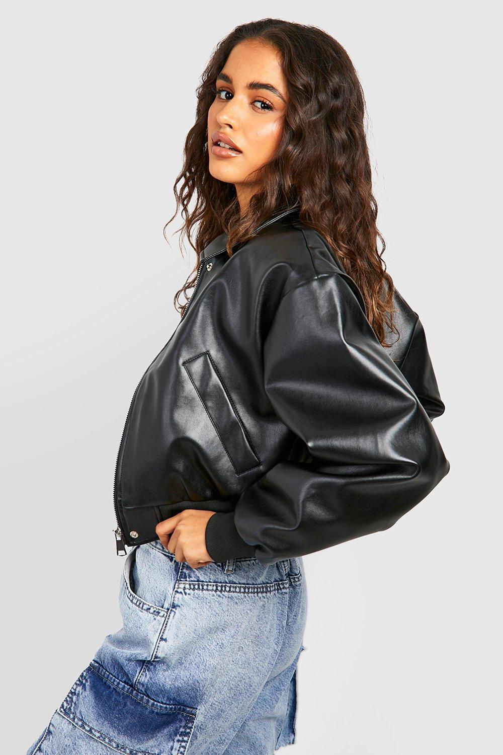 Oversized Faux Leather Crop Bomber Jacket | boohoo