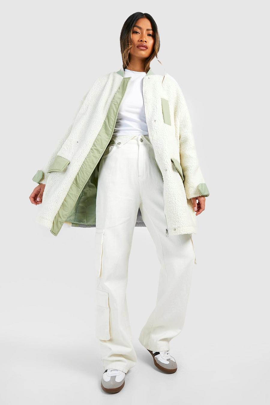 Cream white Teddy Faux Fur Bomber Jacket image number 1
