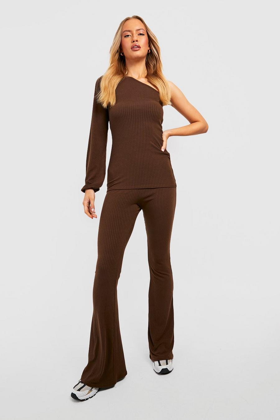 Chocolate Tall Knitted Rib Mix And Match Flare Pants image number 1