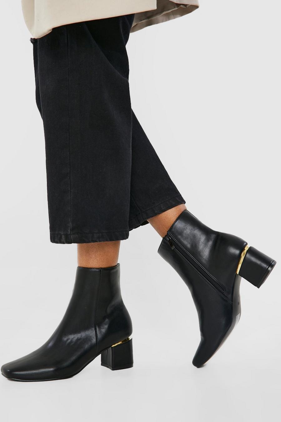 Black noir Wide Fit Hardware Detail Block Heel Boots image number 1