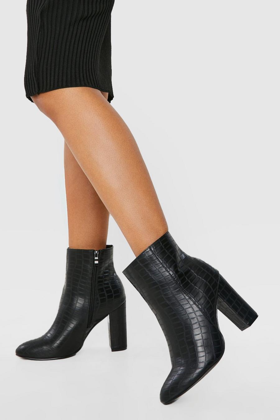 Black noir Wide Fit Round Toe Croc Block Heel Ankle Boots