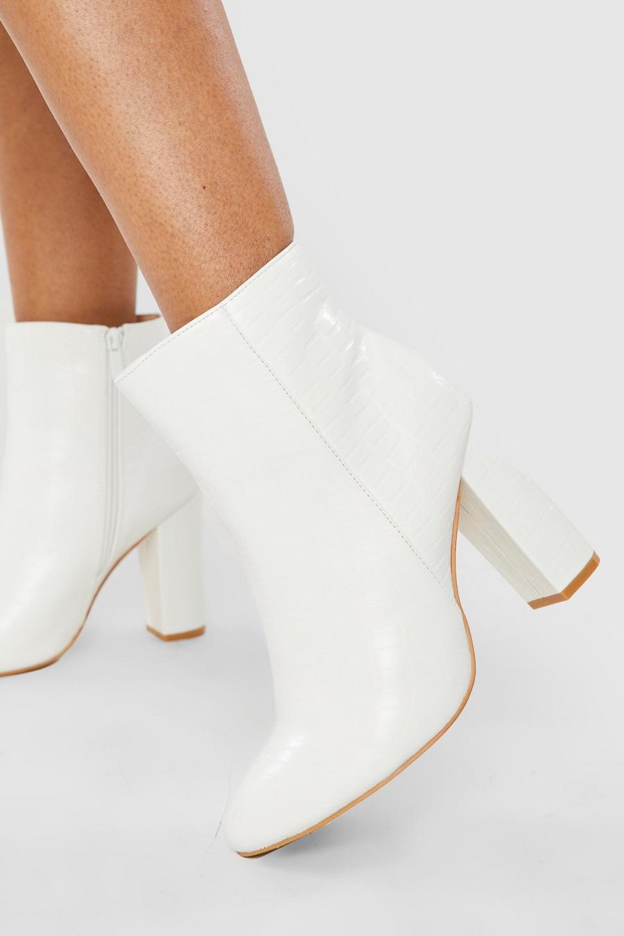 White Wide Fit Round Toe Croc Block Heel Ankle Boots image number 1