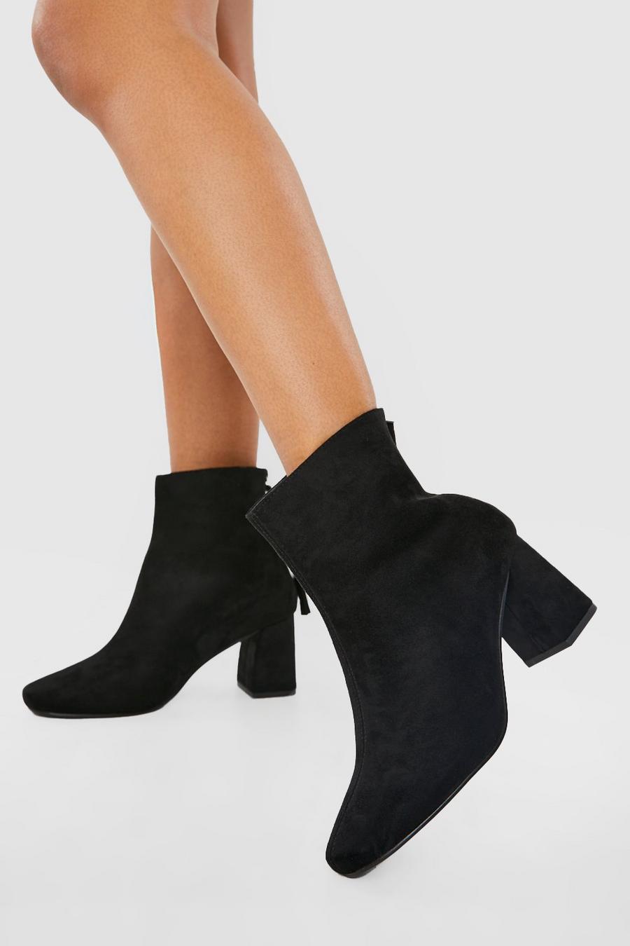 Black Wide Fit Tassel Detail Square Toe Sock Boots