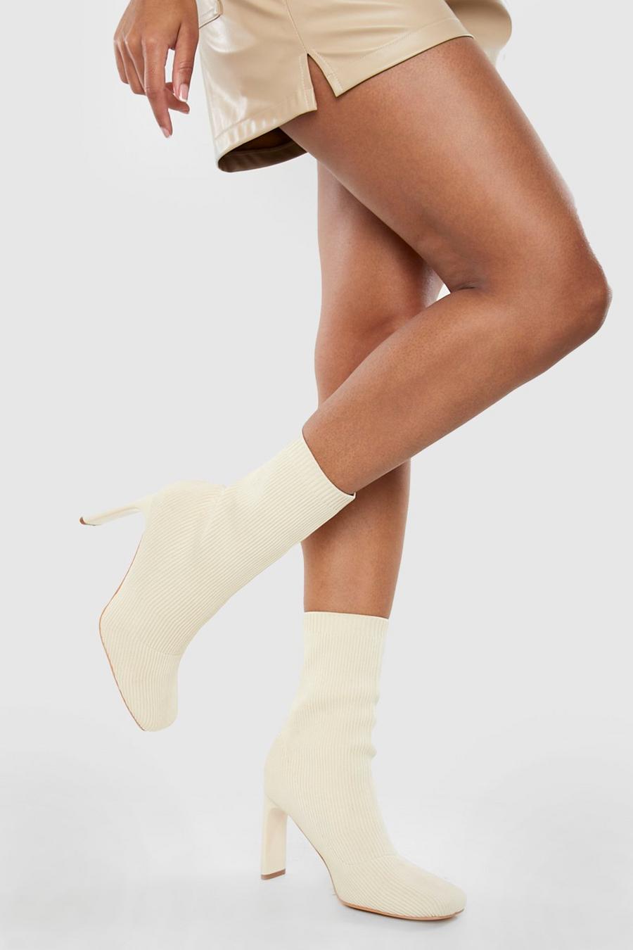 Cream Wide Fit Knitted Square Toe Sock Boots image number 1