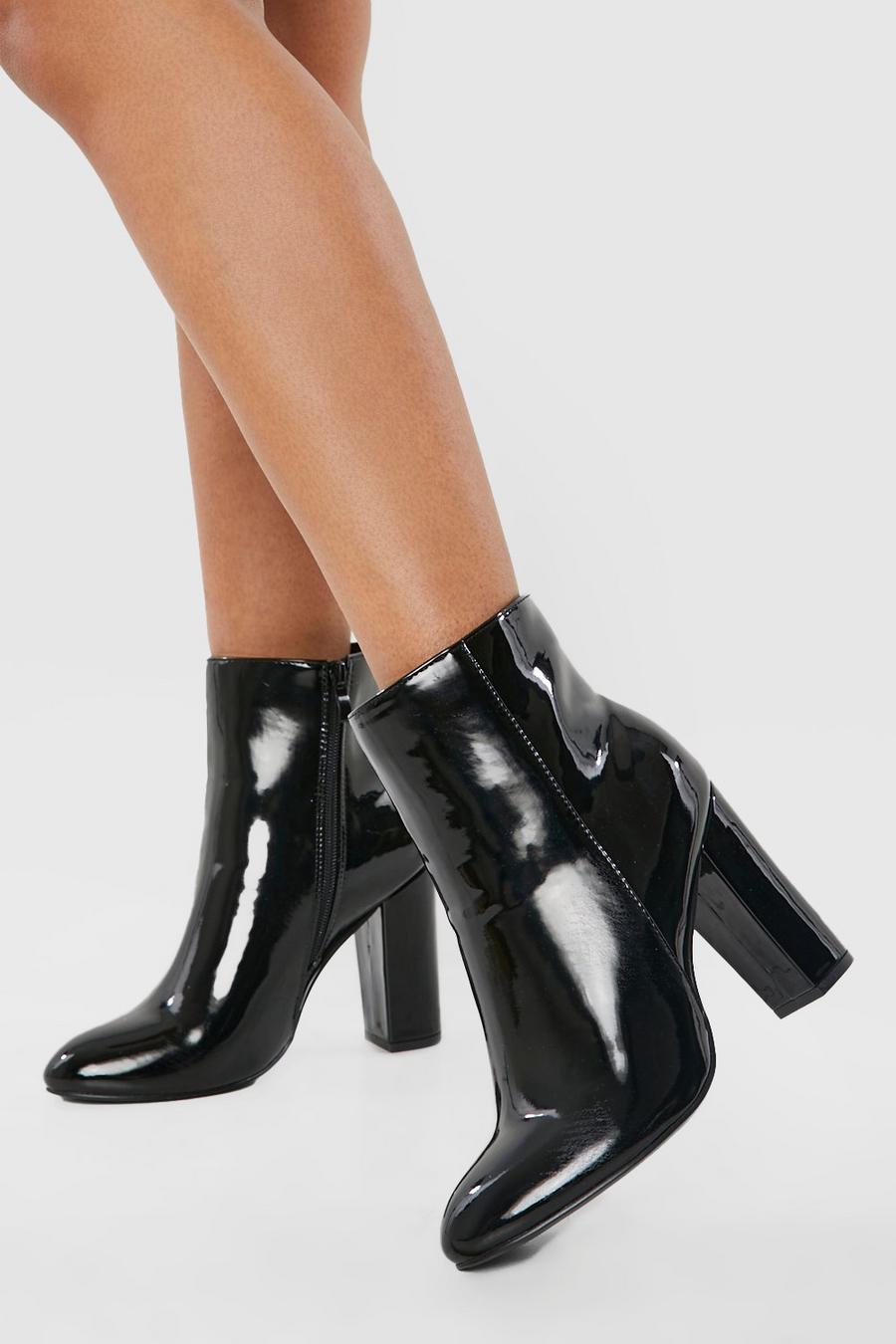 Black noir Round Toe Block Heel Ankle Boots image number 1