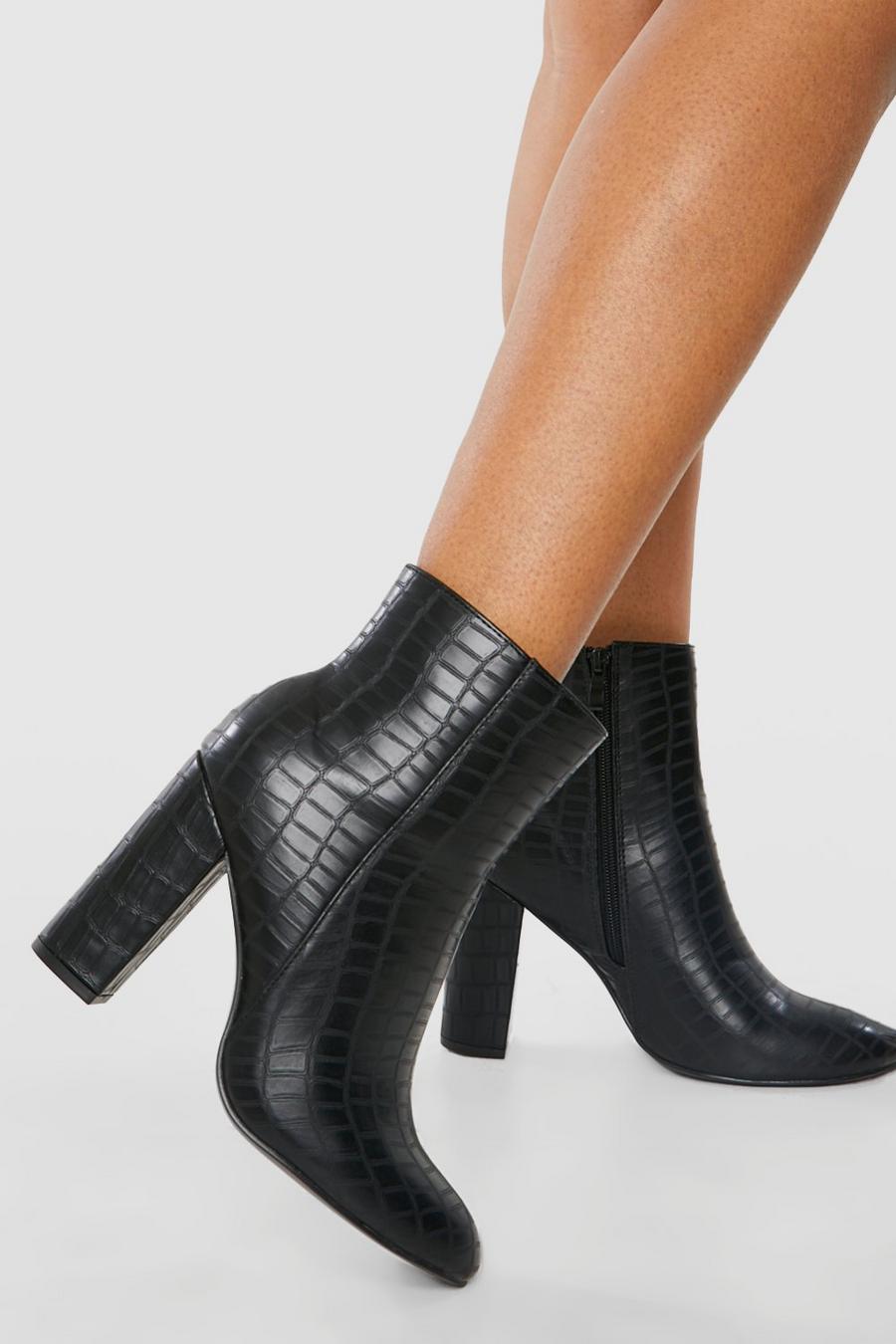 Black Round Toe Croc Block Heel Ankle Boots