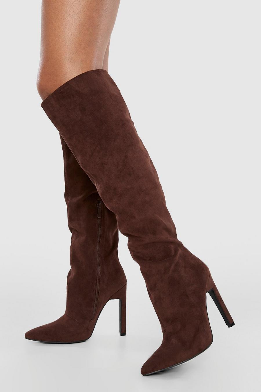 Chocolate brown Skinny Block Heel Pointed Toe Knee High Boots