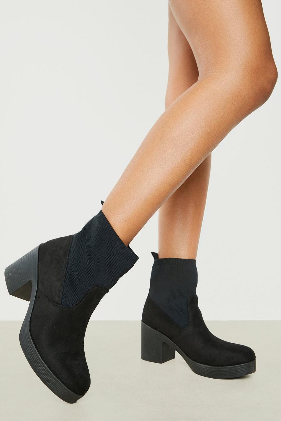 Black negro Knitted Detail Block Heel Sock Boots