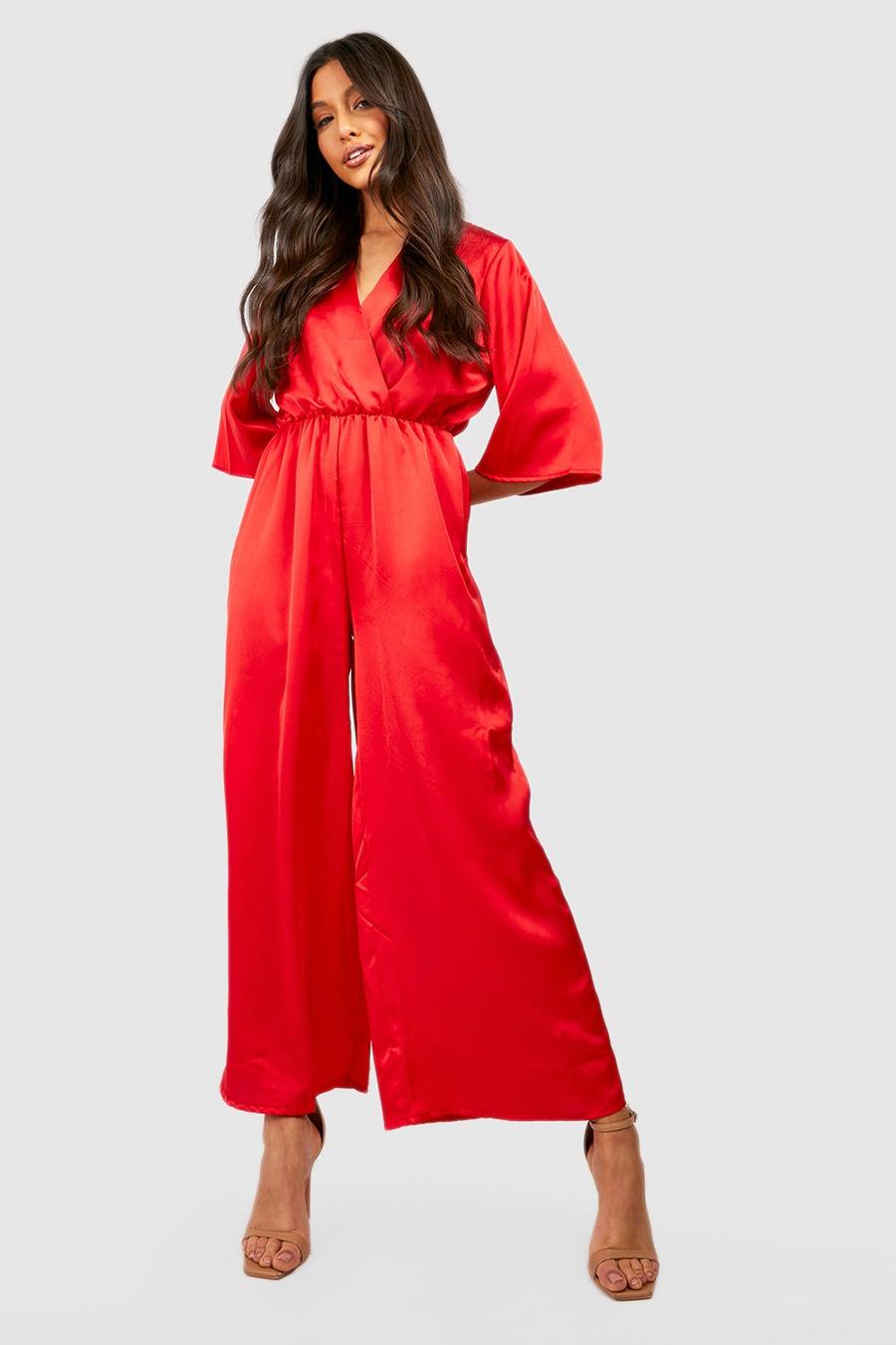 Red Wrap Front Satin Jumpsuit  image number 1