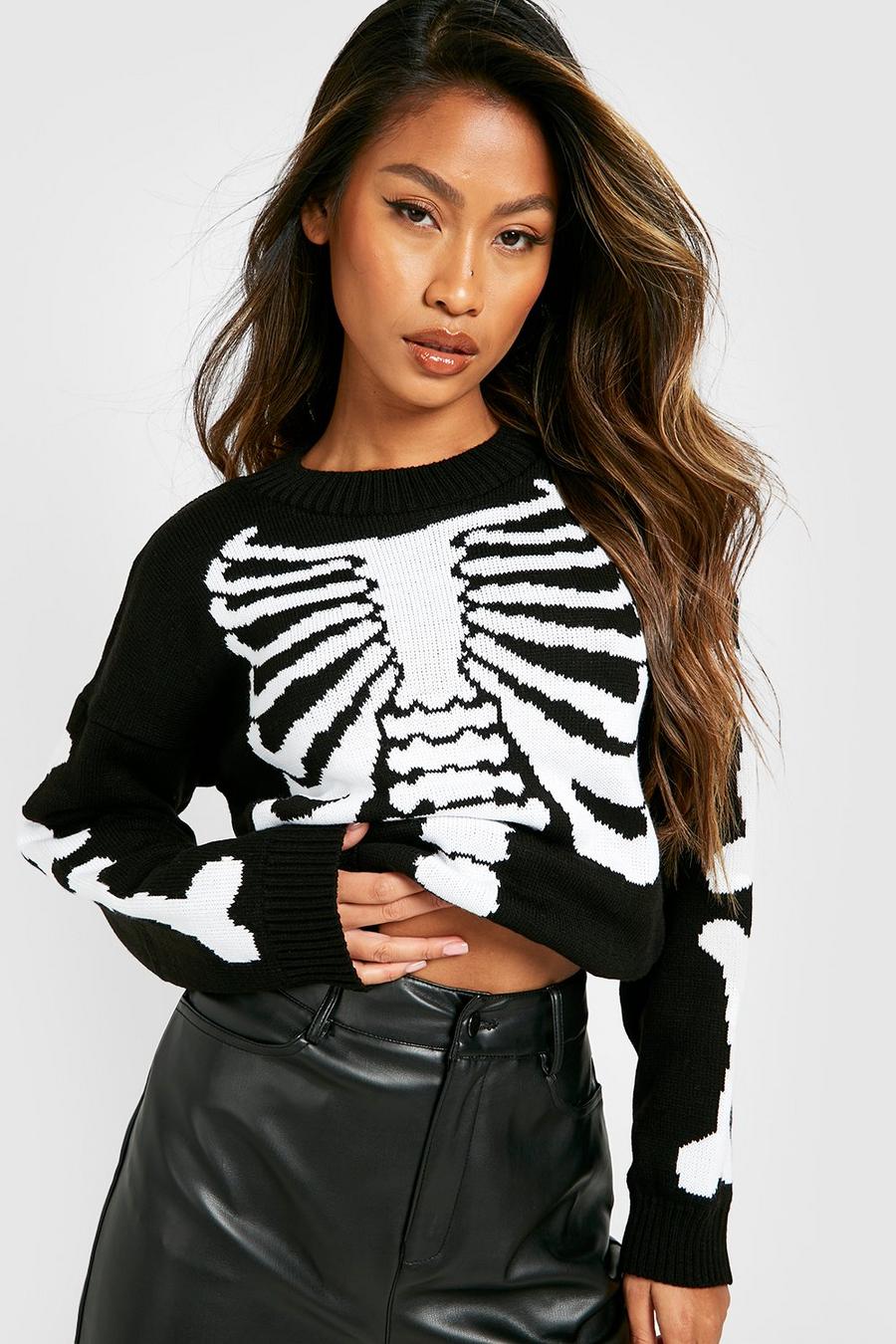 Black Halloween Skeleton Crop Sweater image number 1