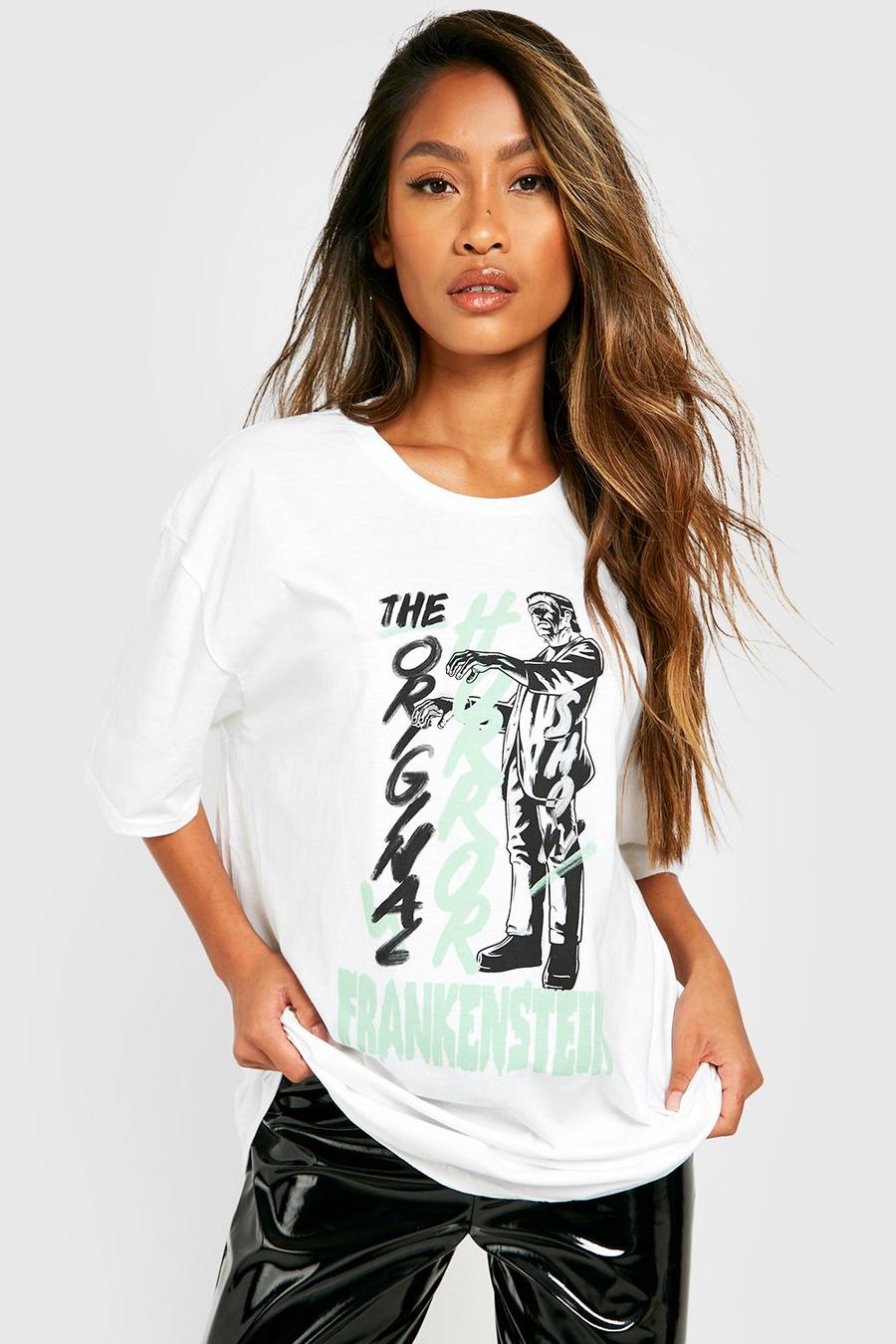 White Halloween Frankenstein Horror License T-shirt  image number 1