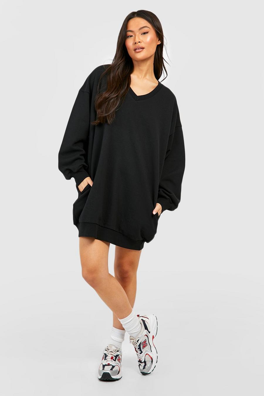 Black Oversized V Neck Sweatshirt Dress 