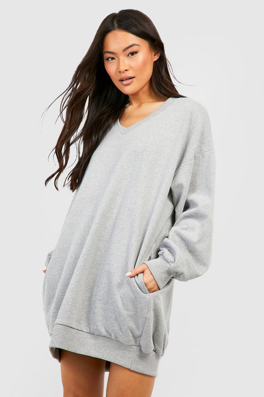 Grey marl grå Oversized V Neck Sweatshirt Dress  image number 1
