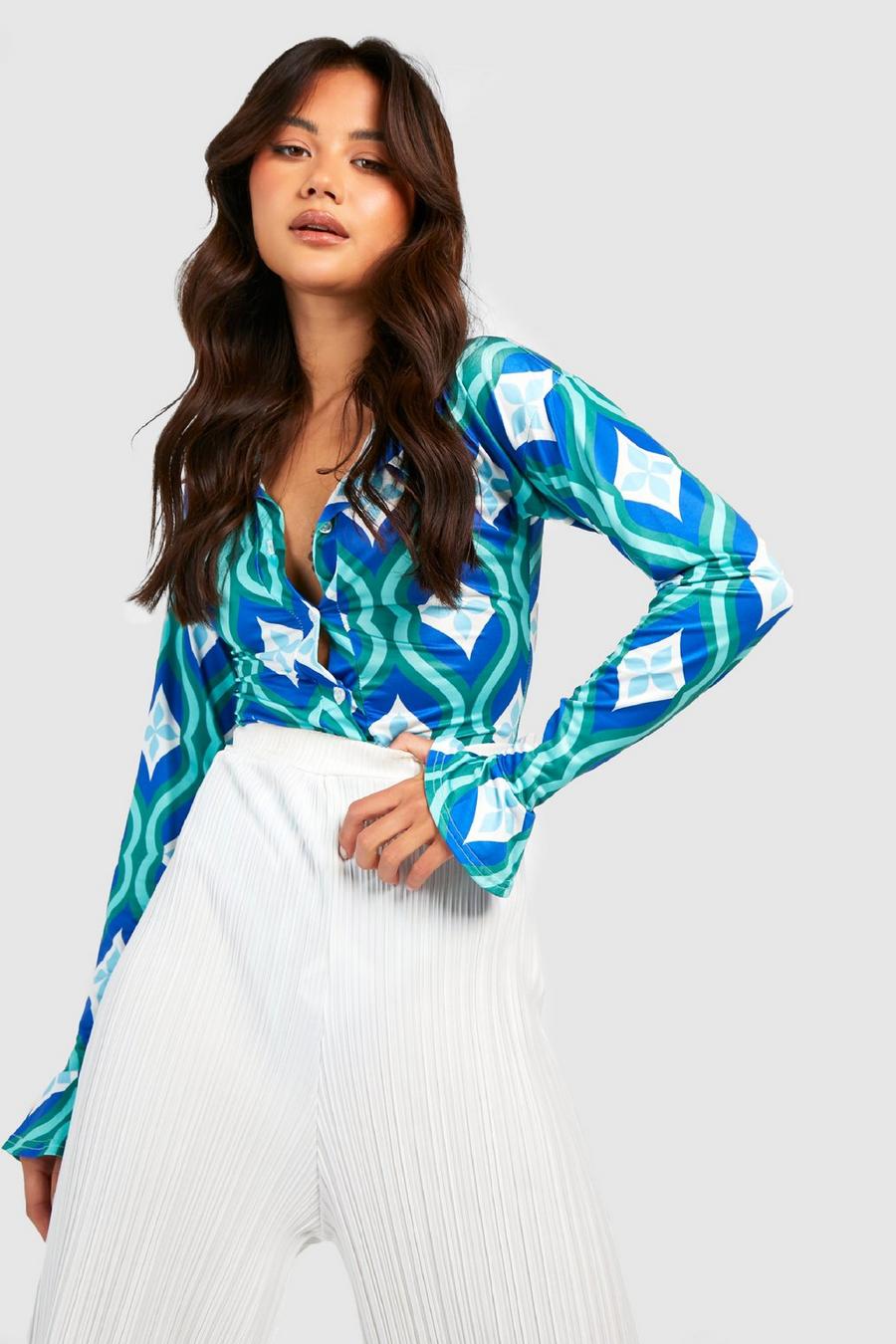 Green Abstract Geo Printed Slinky Shirt Bodysuit image number 1