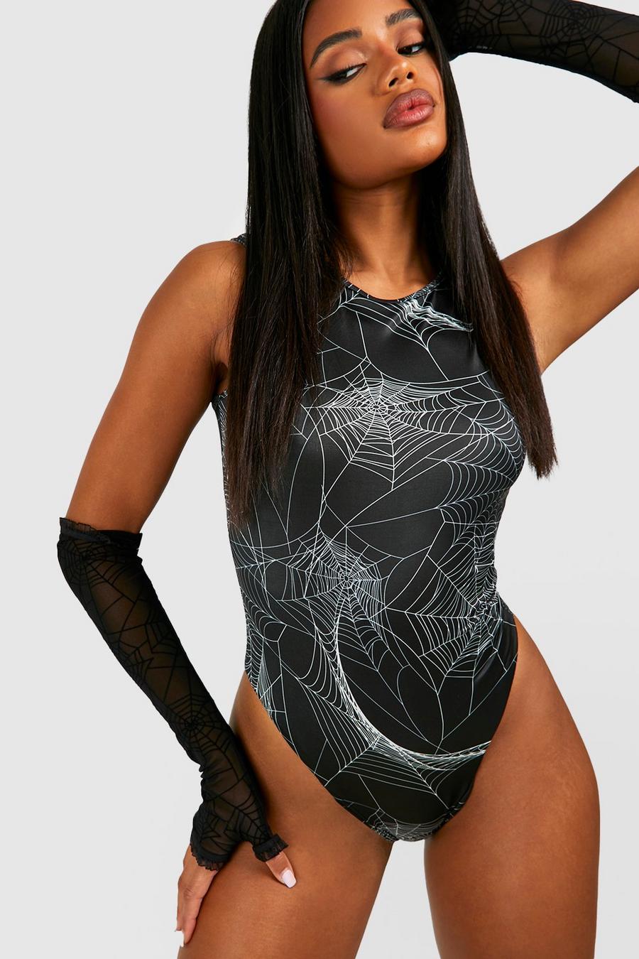 Black Halloween Cobweb Racer Slinky Bodysuit image number 1