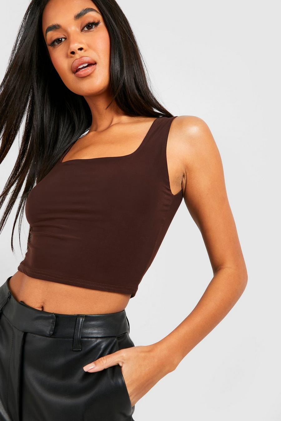 Chocolate Double Layer Scoop Neck Strappy Crop Top image number 1