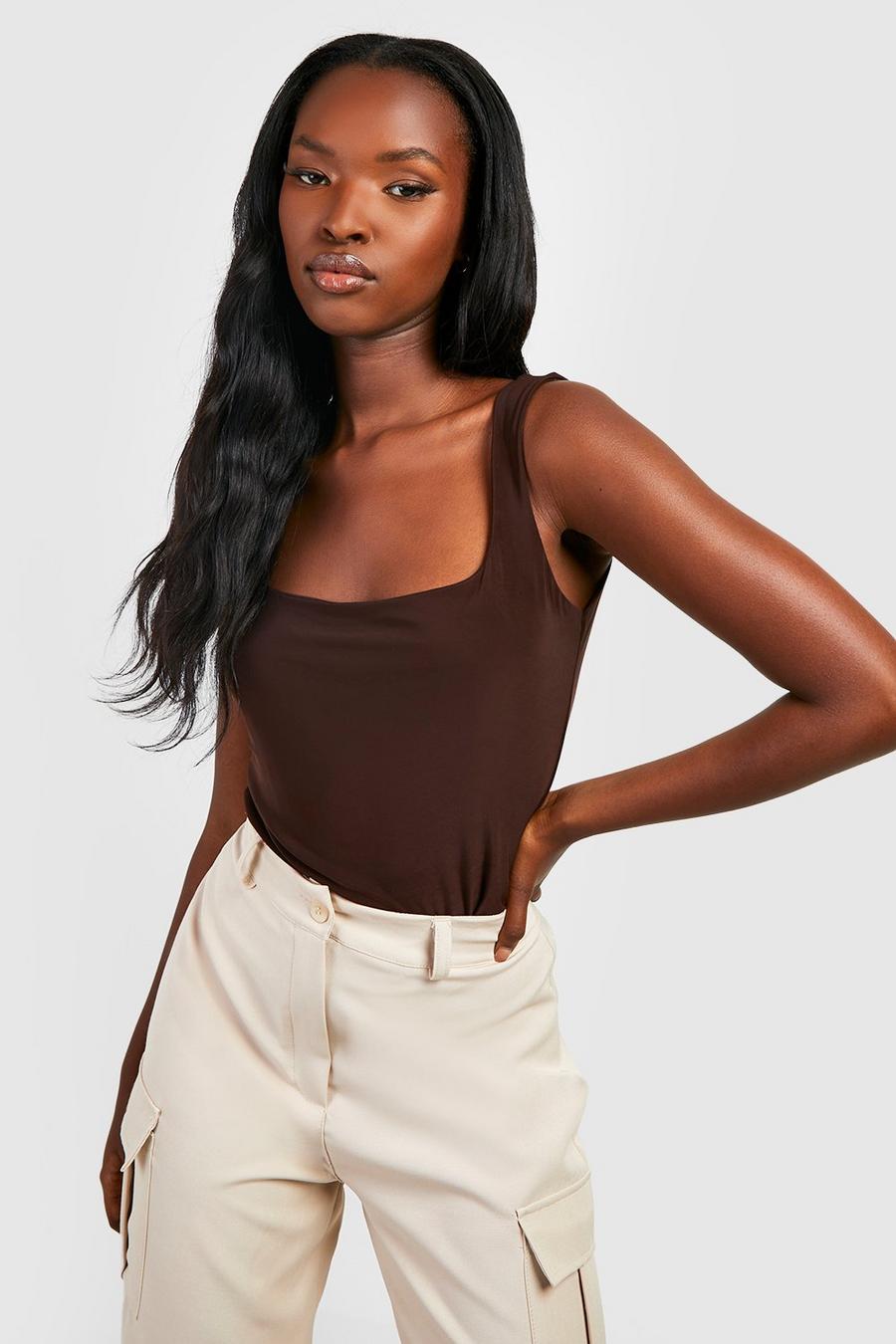 Chocolate brown Double Layer Square Neck Slinky Top