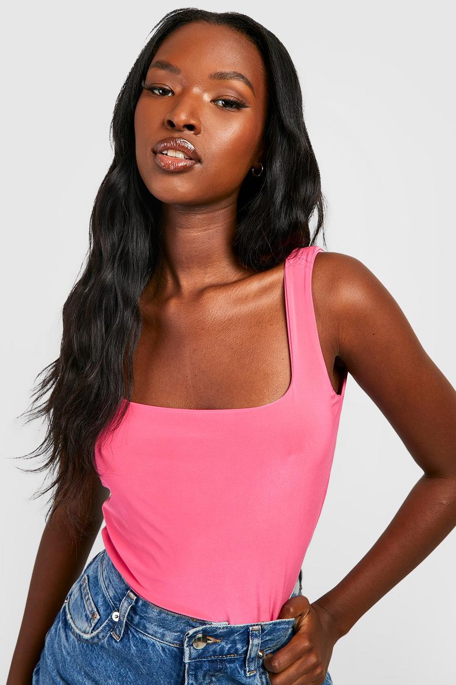Hot pink rose Double Layer Square Neck Slinky Top