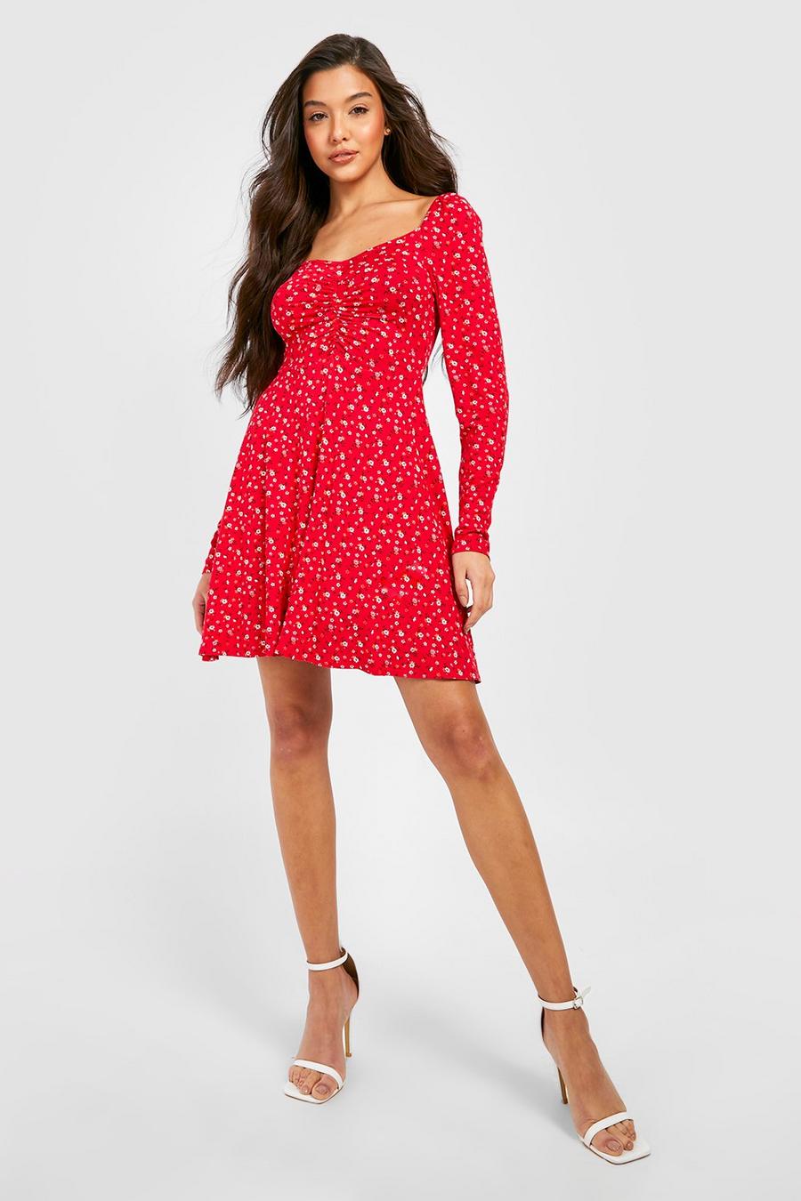Red Ditsy Floral Ruched Front Long Sleeve Skater Dress