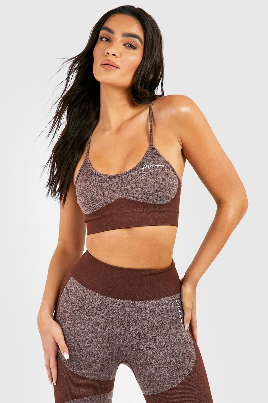 Chocolate brown Seamless Contrast Gym Sports Bra image number 1