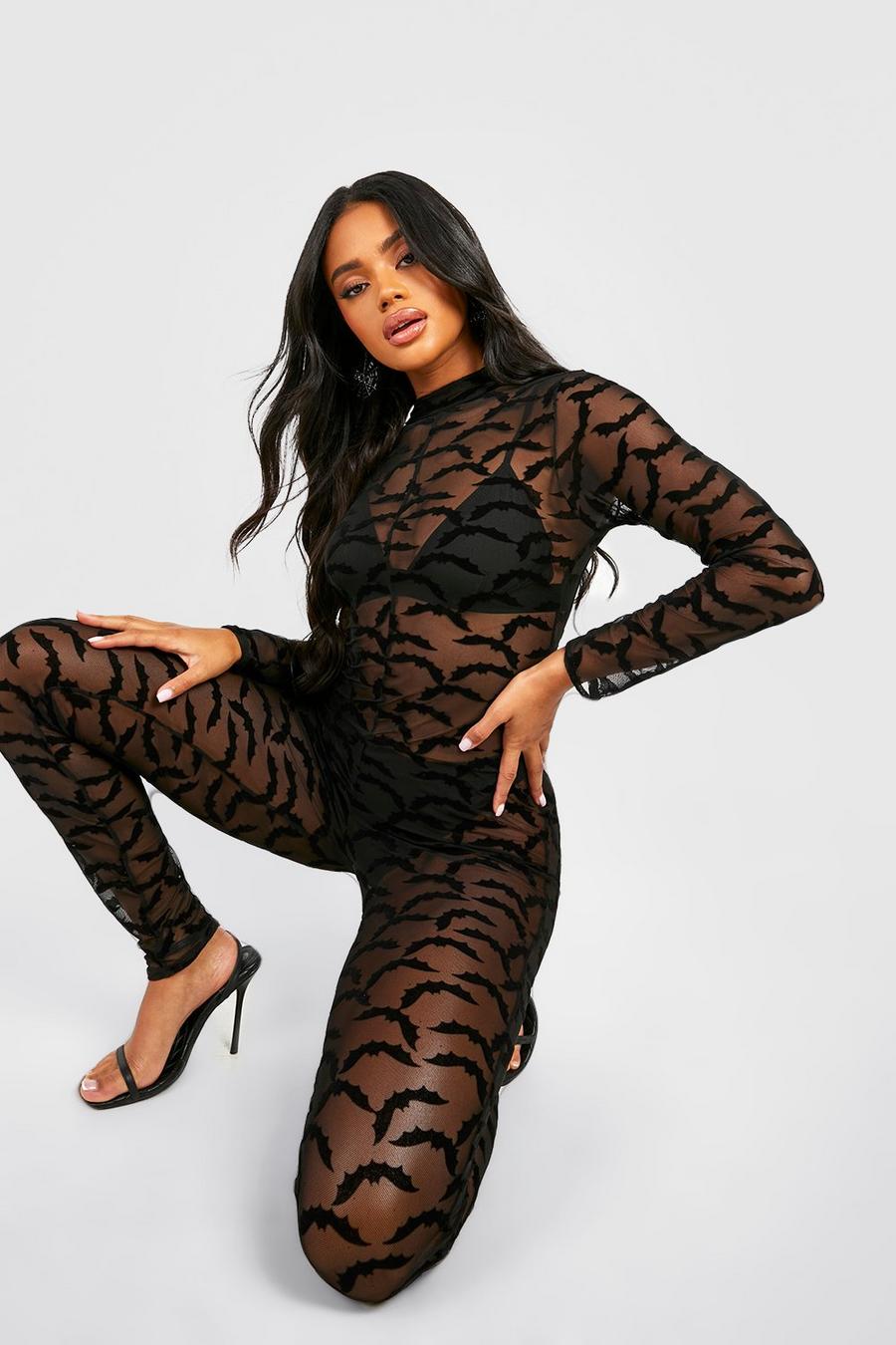 Women Lace Mesh Flock Print See-Through Sexy Long Sleeve Bodysuit - The  Little Connection